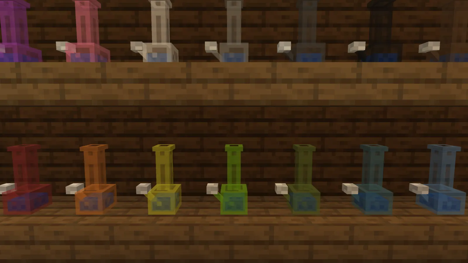 Two wooden shelves lined with glass bongs in every stained-glass color.