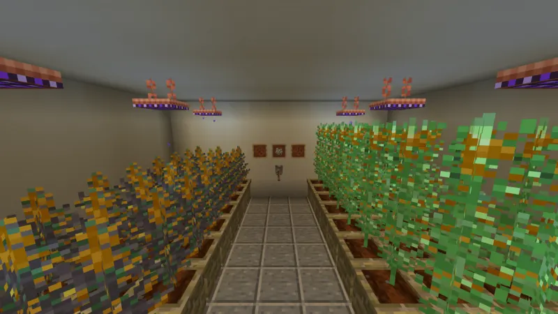 An indoor grow room: rows of flowering plants in grow pots either side of a stone aisle, LED lamps hanging from copper chains.