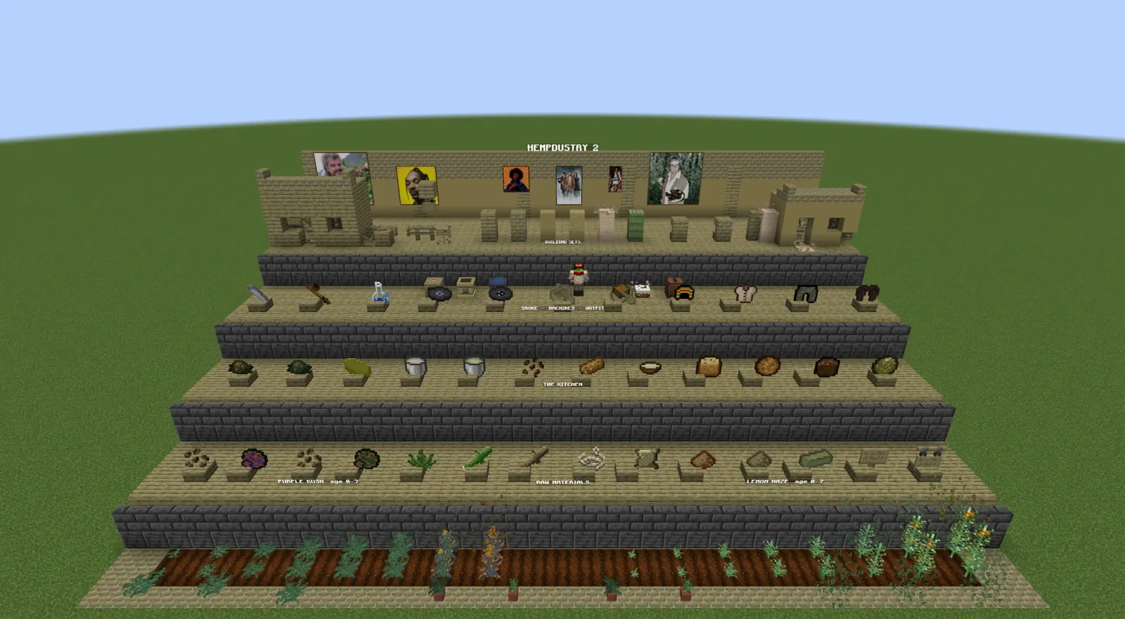 A stepped display in a superflat world holding every item and block in the mod: both crops at every growth stage along the bottom, raw materials, the kitchen, the smoking gear and machines, the outfit, and a hemp-brick wall with the six paintings at the top.